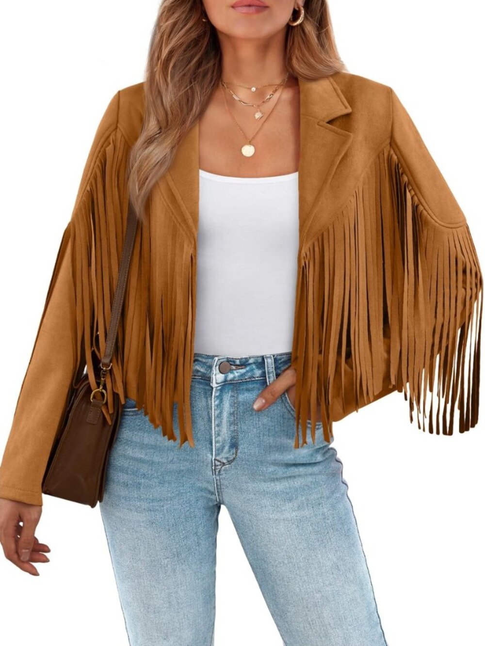 Womens Cropped Fringe Faux Suede Leather Jackets